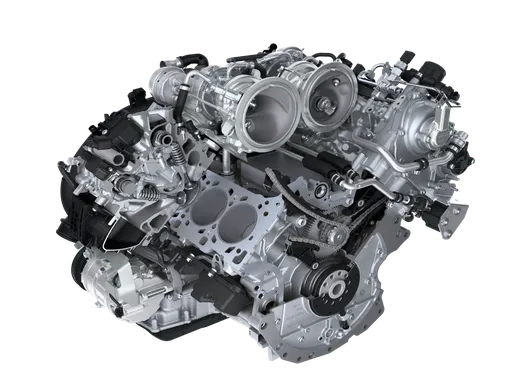 Technical diagram of the 2.9-litre twin-turbo V6 engine in the Porsche Macan GTS.
