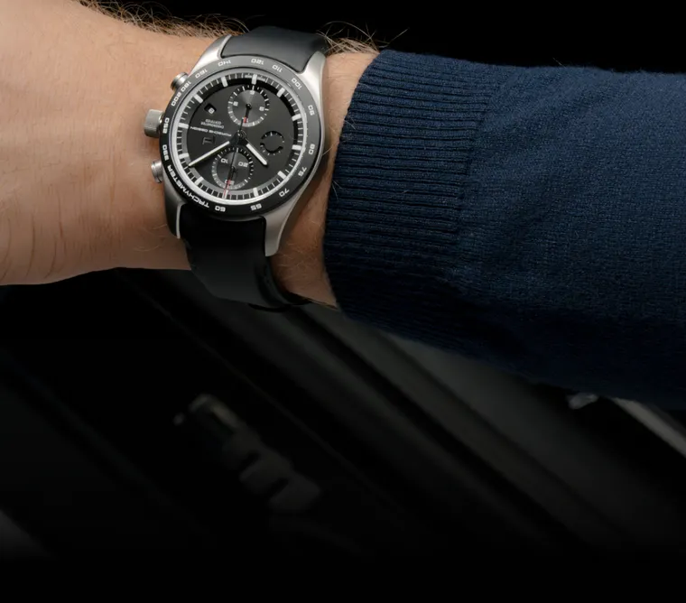 Detailed view of a Porsche Design custom-built timepiece (chronograph / watch).