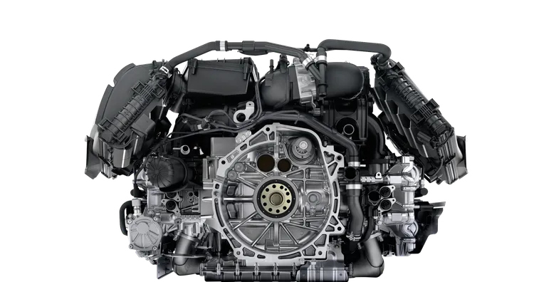 Illustration of the 2.5-litre Turbo boxer engine with VTG in the Porsche 718 S models.