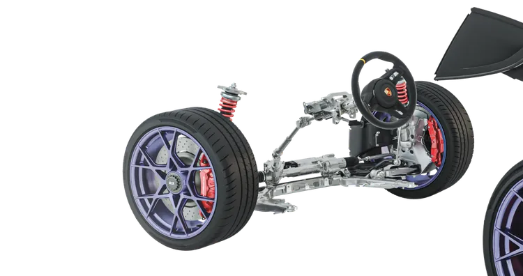 保时捷 718 Cayman GT4 RS 滚动底盘的技术示意图。