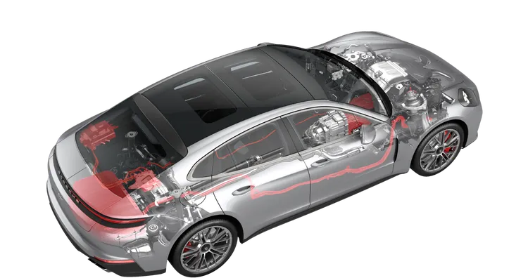 Phantom graphic of the hybrid system in the Porsche Panamera Turbo E-Hybrid.