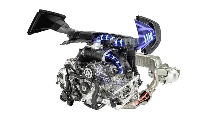 保时捷 718 Cayman GT4 RS 中的 4.0 升六缸水平对置自然进气发动机的技术图。