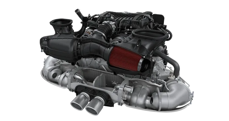 保时捷 911 GT3 中 4.0 升高转速自然进气发动机的图片。