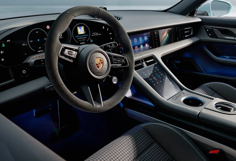 Porsche Taycan Turbo S interior. View into the cockpit.