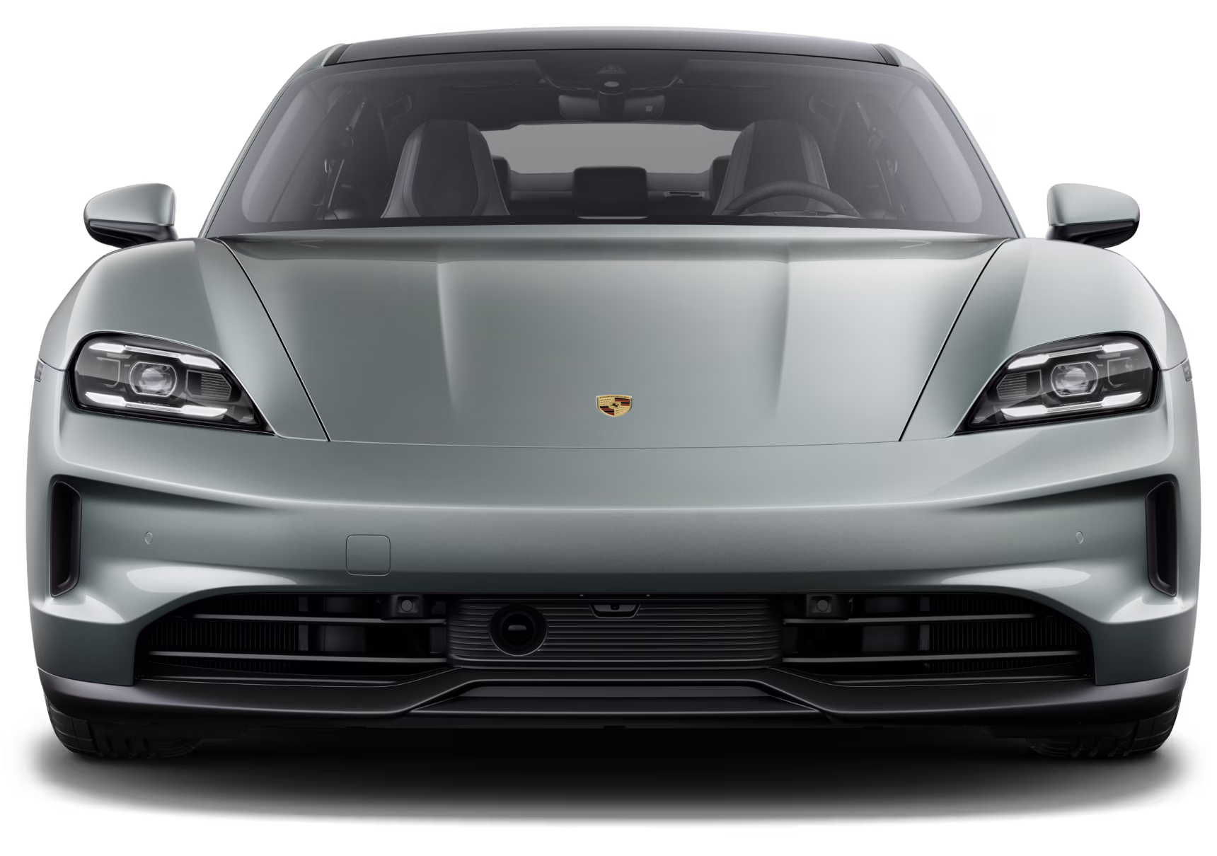 Front view of the Porsche Taycan in Shadegreen metallic.