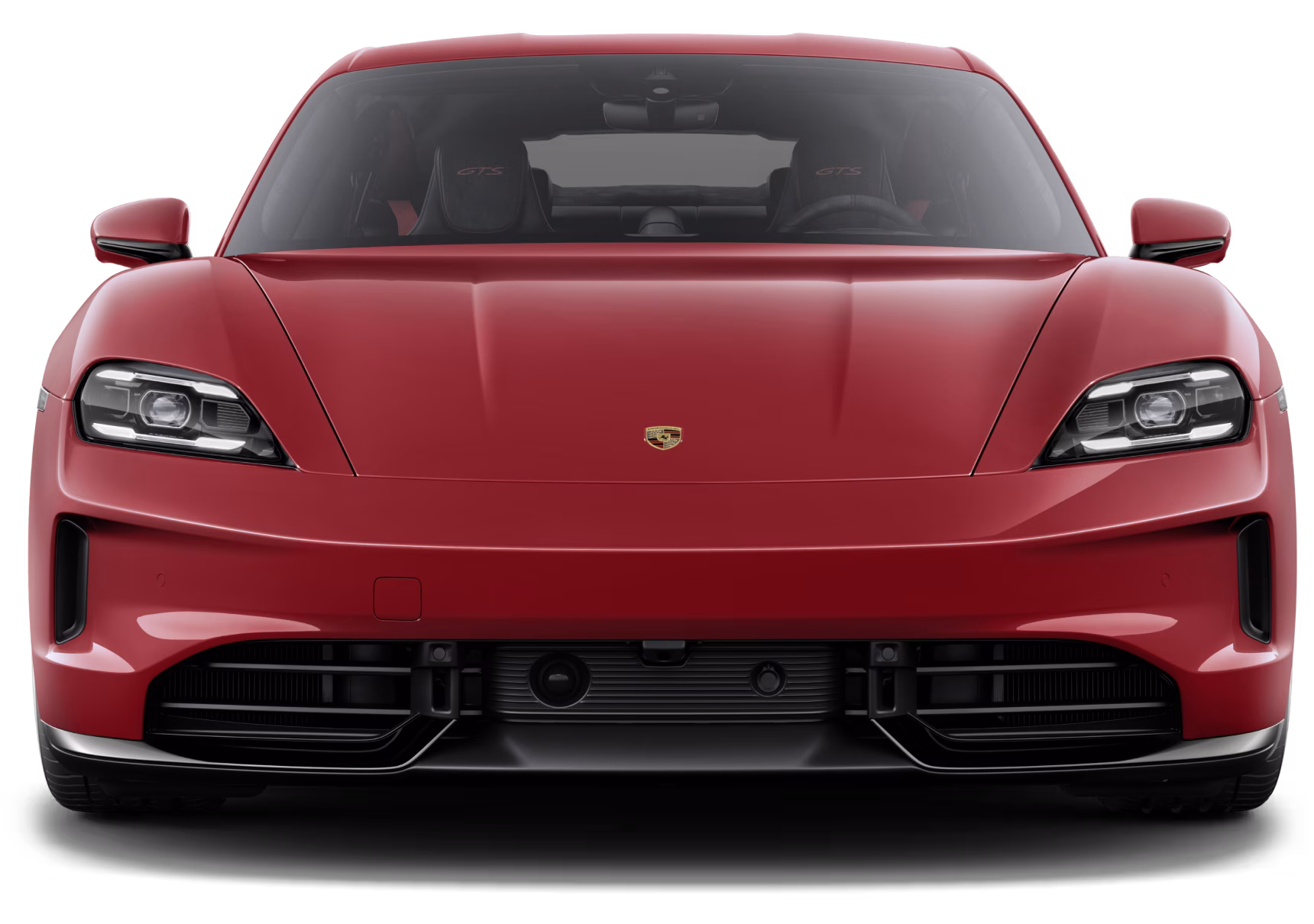 Front view of the Porsche Taycan in Shade Green Metallic.