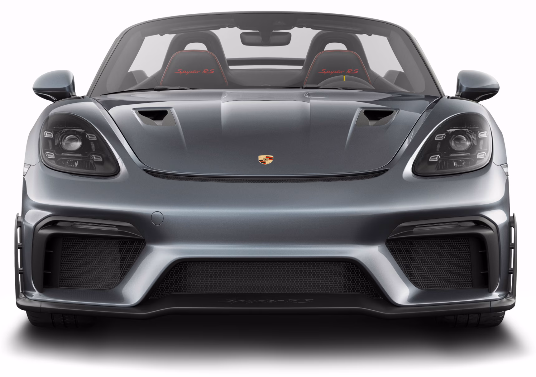 Front view of the Porsche 718 Spyder RS in Vanadium Grey Metallic paint finish.
