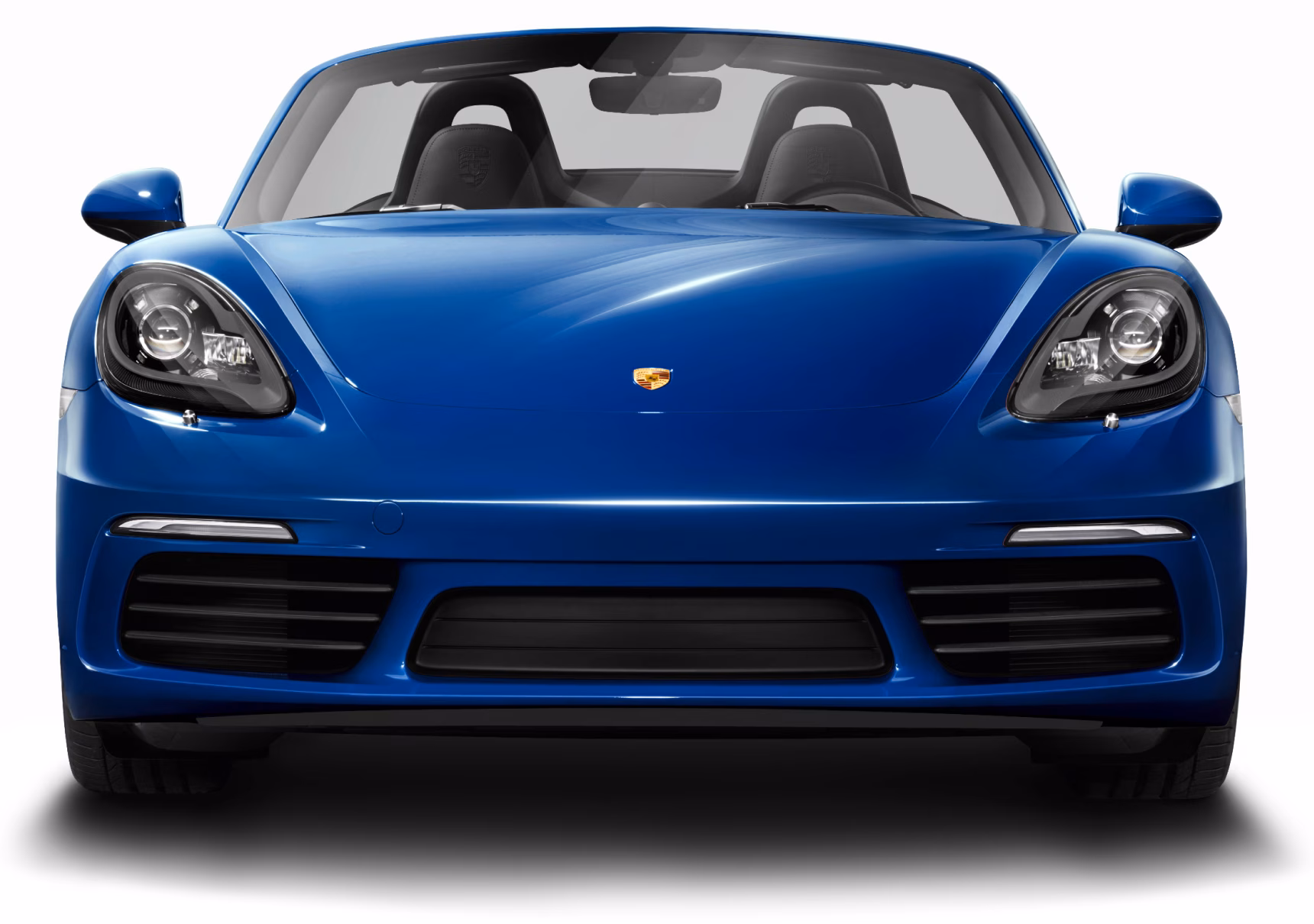 Front view of Porsche 718 Boxster S in Gentian Blue Metallic.
