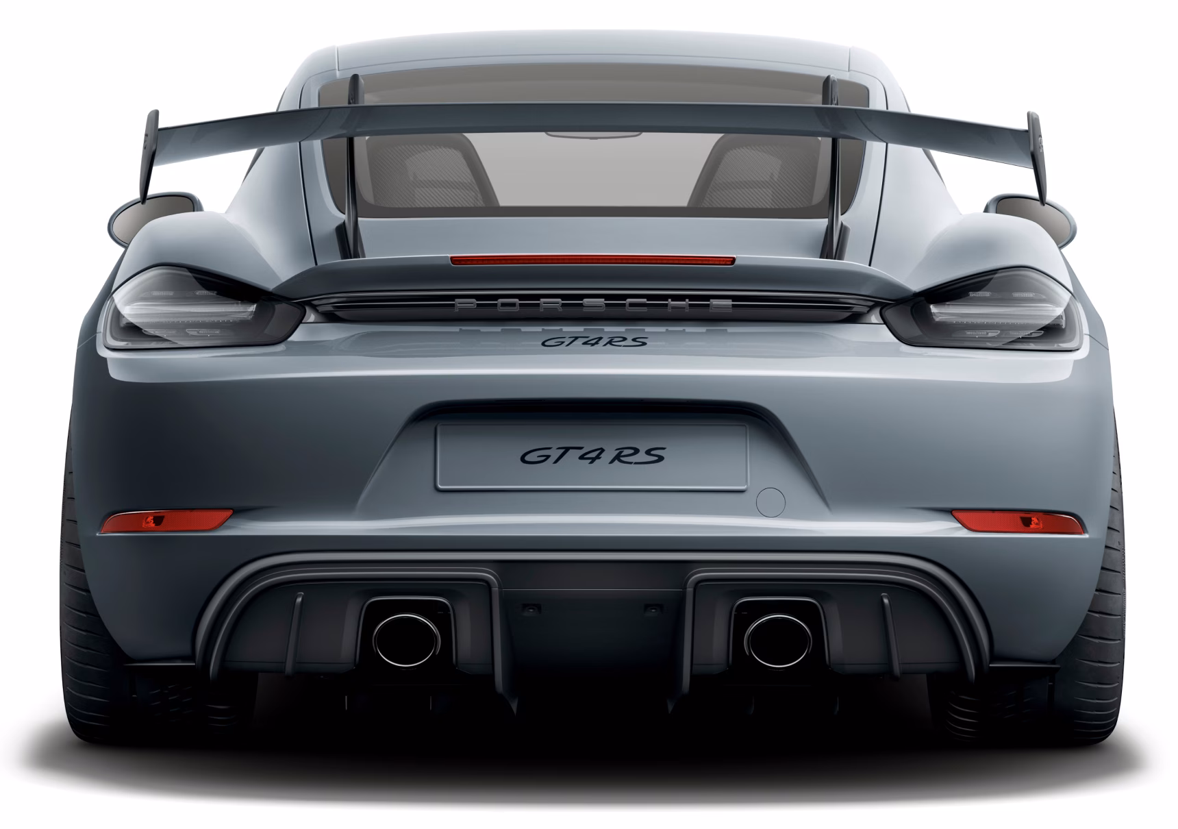 Heckansicht des Porsche 718 Cayman GT4 RS in Arktikgrau.