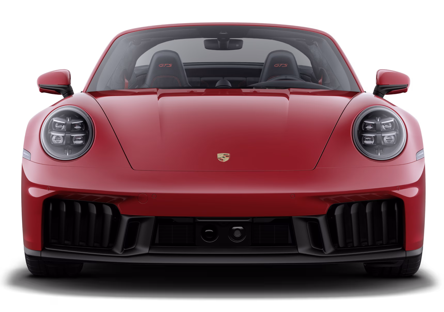 Porsche 911 Targa 4 GTS in Carmine Red with roof in Black. Front view.