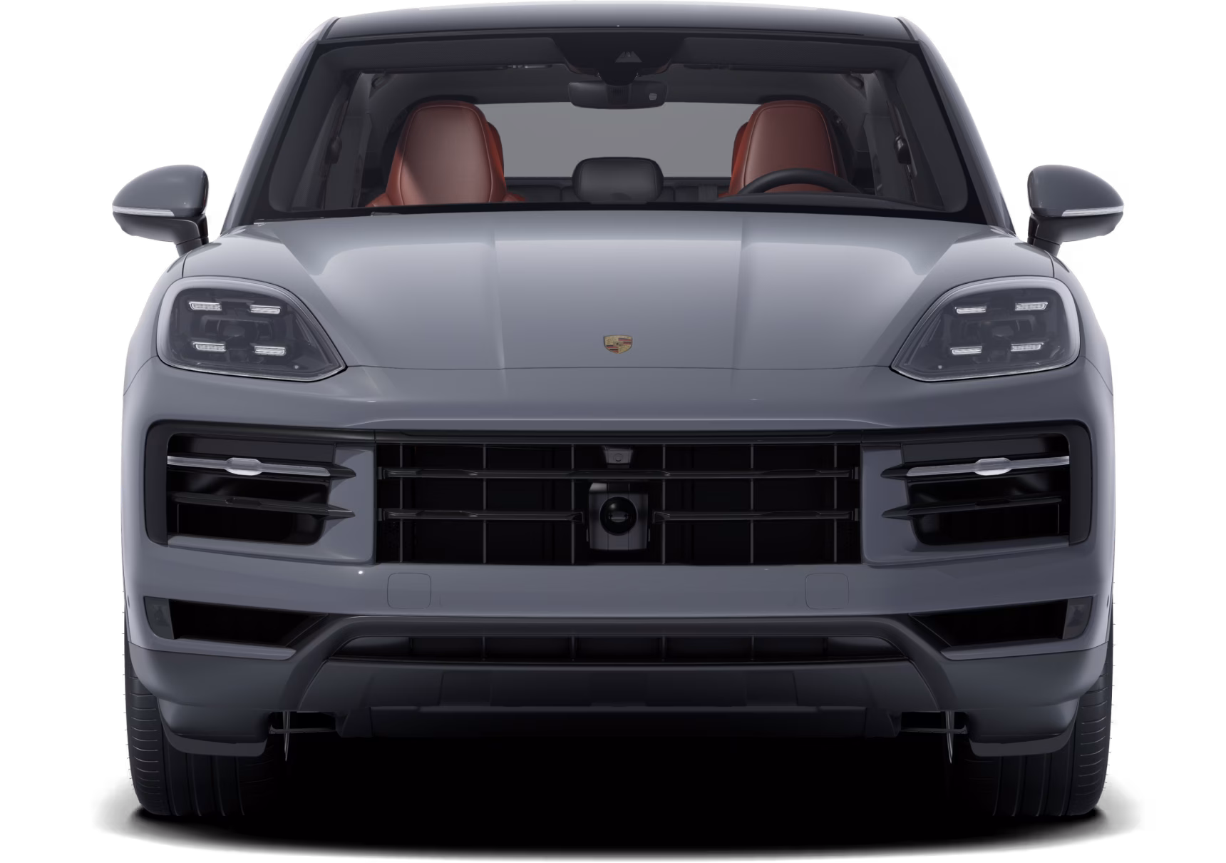 Front view of a Porsche Cayenne Coupé in an Arctic Grey paint finish.