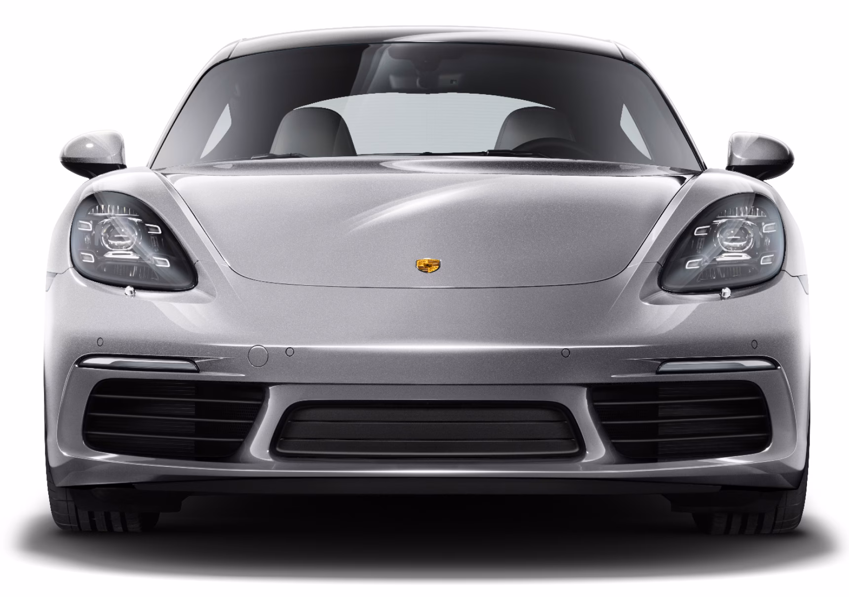 Front view of the Porsche 718 Cayman S in GT Silver Metallic.