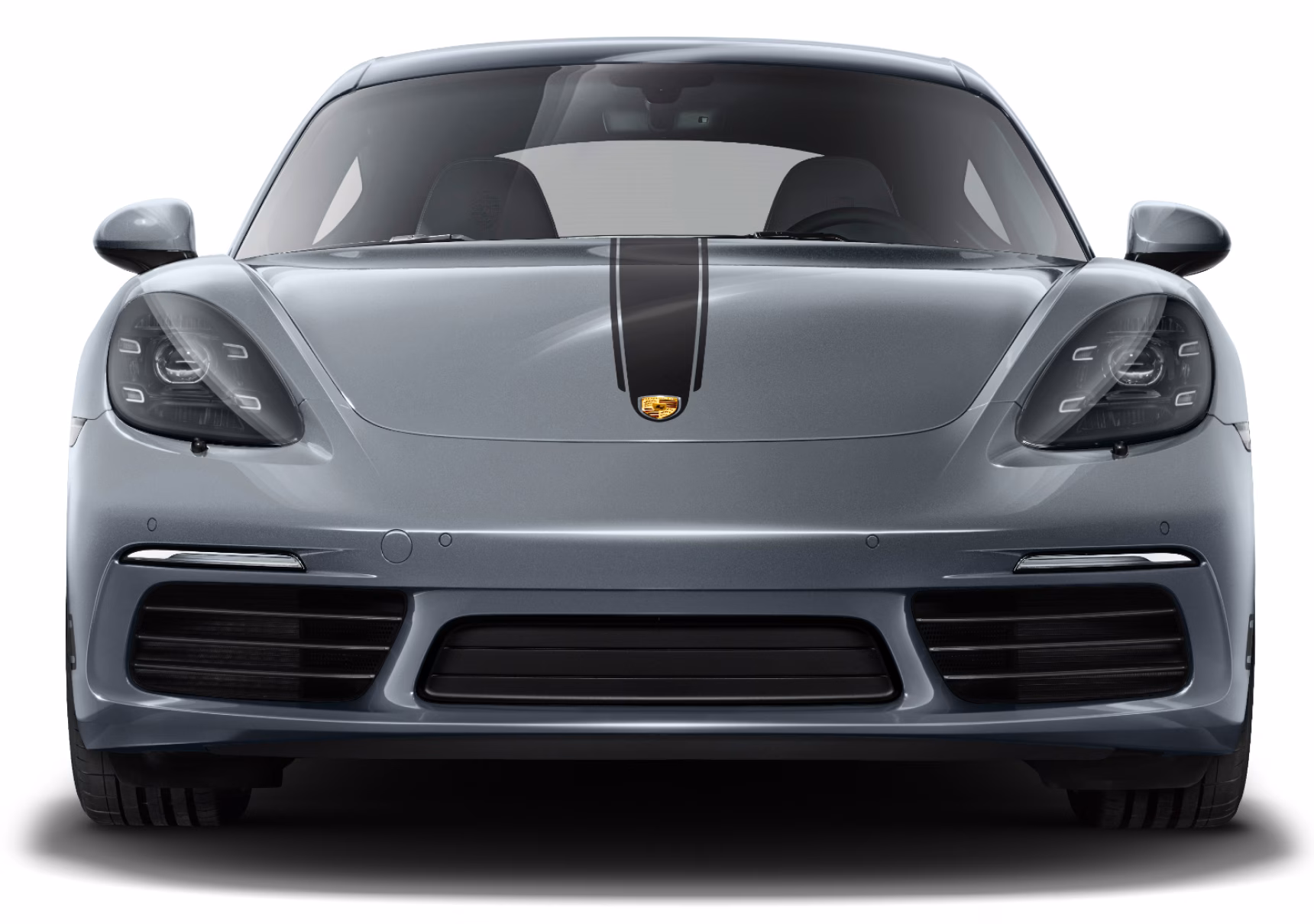 Front view of the Porsche 718 Cayman Style Edition in Arctic Gray with Black Contrast Package.