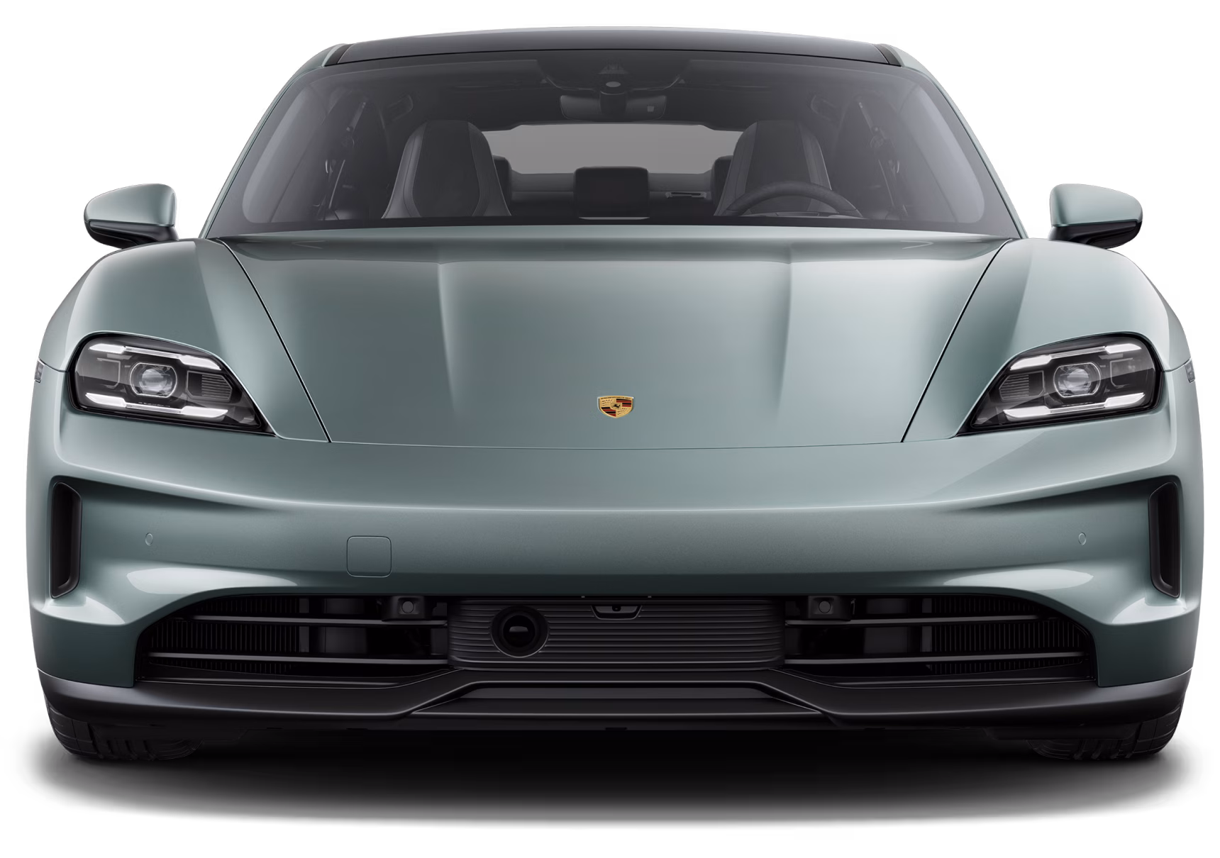 Front view of the Porsche Taycan in Shadegreen metallic.
