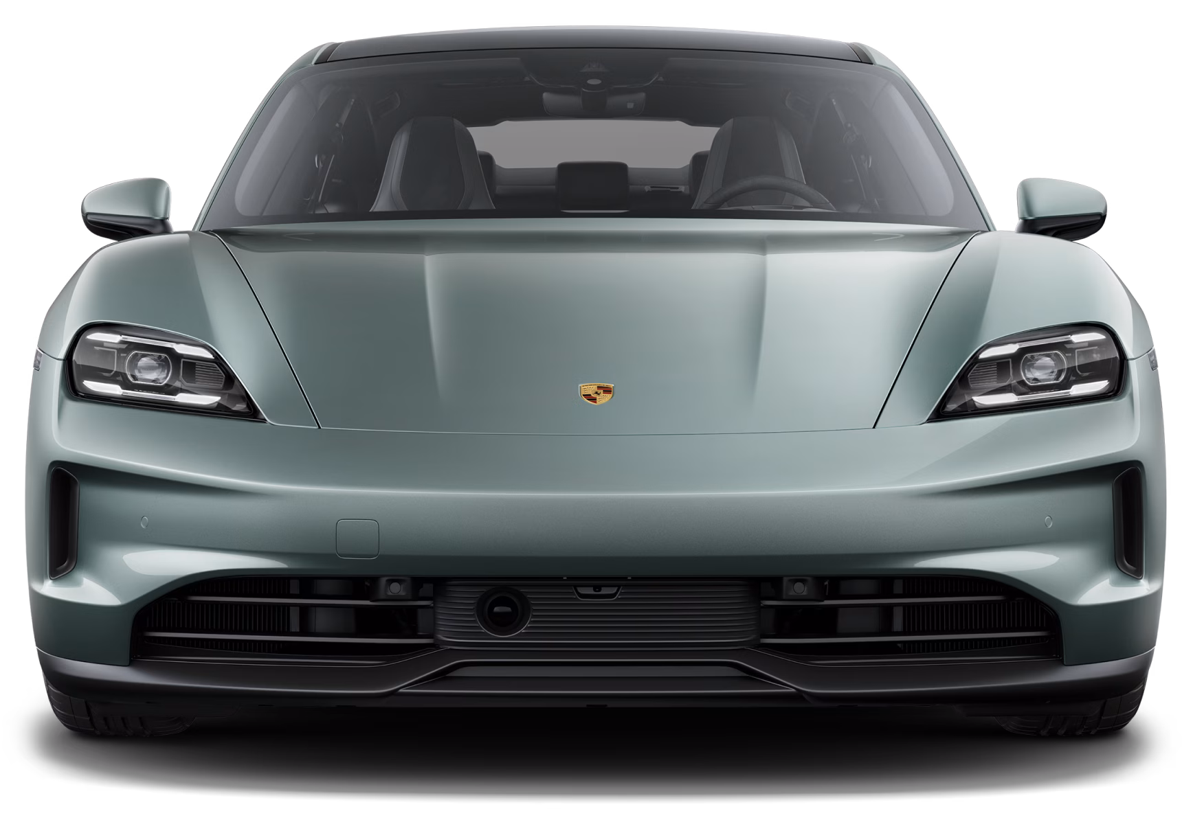 Front view of the Porsche Taycan in Shade Green Metallic.