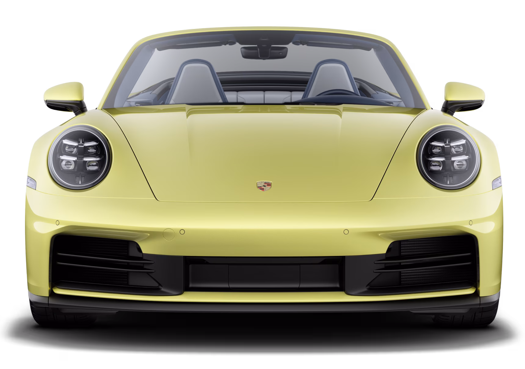 Porsche 911 Carrera Cabriolet in Cartagena Yellow Metallic with Black roof. Front view.