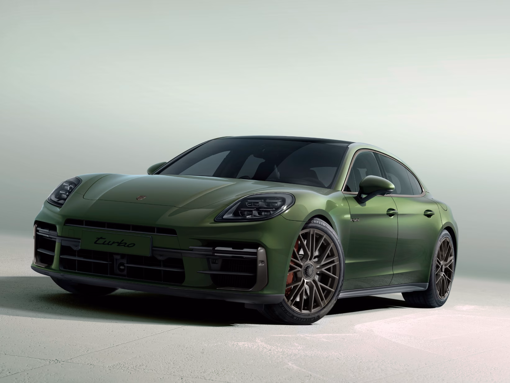 橡树绿金属漆保时捷 Panamera Turbo E-Hybrid 行政加长版侧前视图