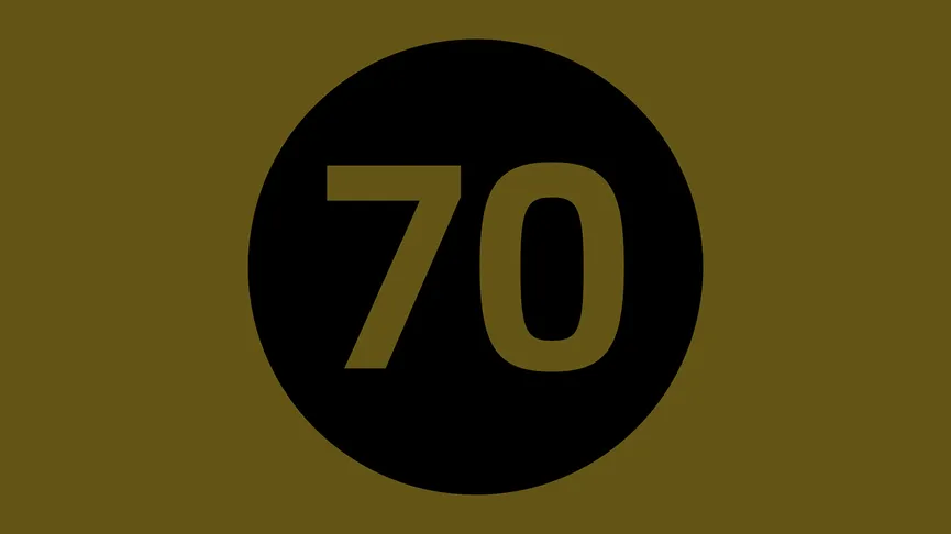 Golden Yellow 70 in a Black circle against a Golden Yellow background.