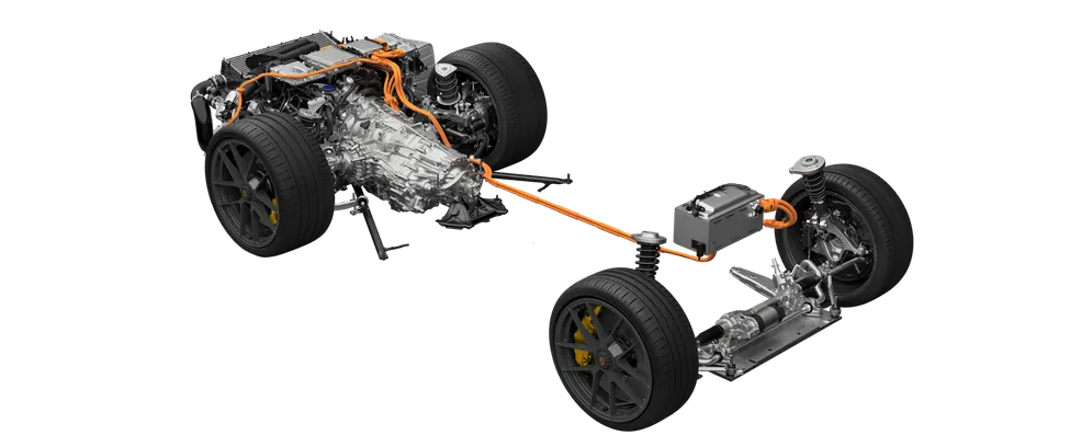 Technical graphics of the chassis of the Porsche 911 Carrera GTS.
