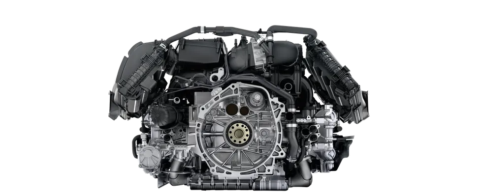 Illustration of the 2.5-liter Turbo boxer engine with VTG in the Porsche 718 S models.