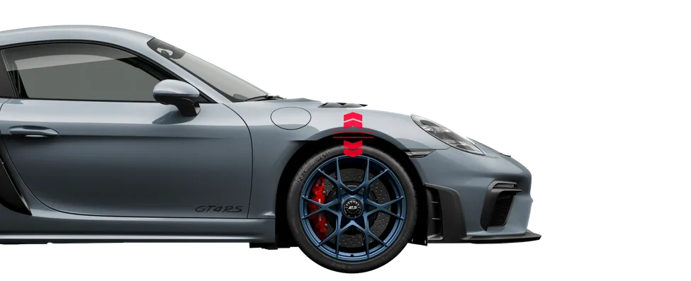 Illustration of the lift system on the front axle of the Porsche 718 Cayman GT4 RS in Arctic Grey.