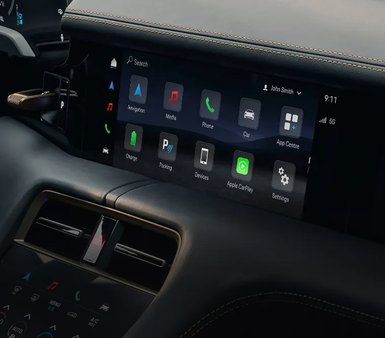 Porsche Taycan Turbo S interior. View into the cockpit.