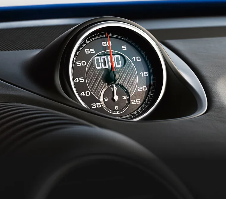 Porsche 718 Boxster S interior in Agate Grey. Detailed view of the Sport Chrono stopwatch.