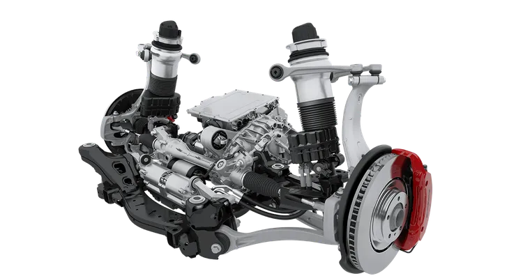 Technical graphic of the air suspension with PASM (Porsche Active Suspension Management) of the Porsche Cayenne Turbo Coupe.