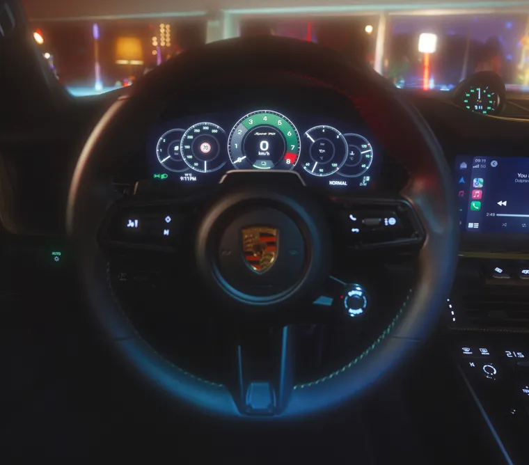 保时捷 911 Spirit 70 中方向盘和发光仪表组的细节图