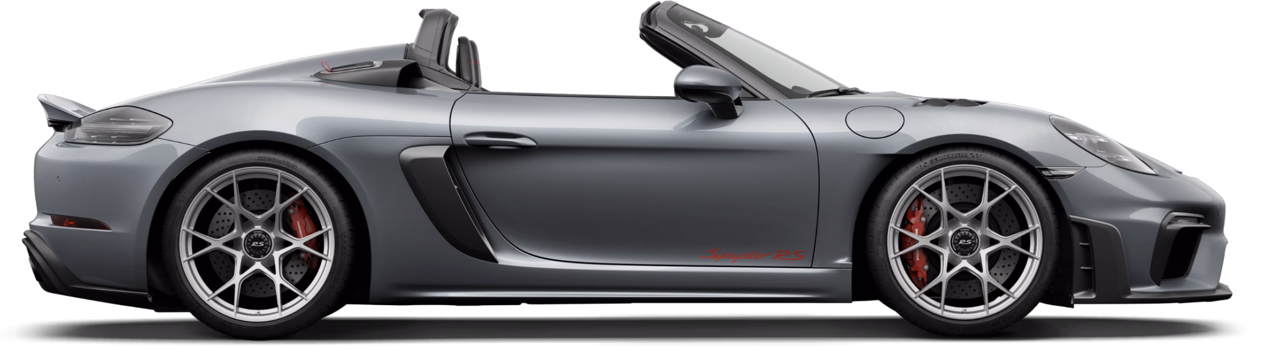 Porsche 718 Spyder RS mit der Lackierung vanadiumgraumetallic in Seitenansicht / im Profil.