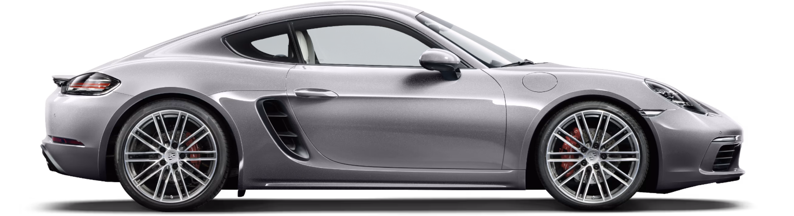 Porsche 718 Cayman S in GT Silver Metallic in side view/in profile.