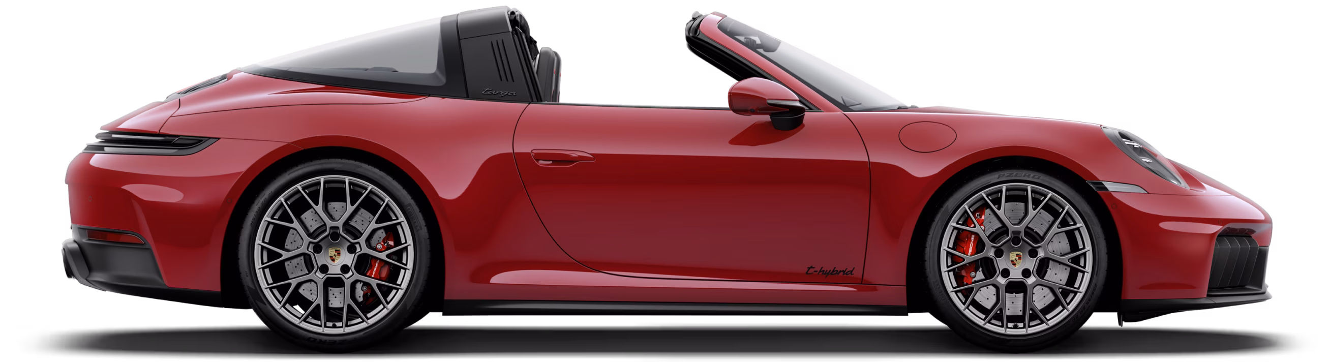 Porsche 911 Targa 4 GTS in Carmine Red with roof in Black in profile/side view.
