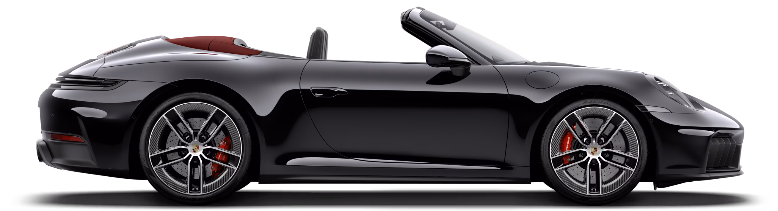 Porsche 911 Carrera GTS Cabriolet in Black with roof in Red in profile/side view.