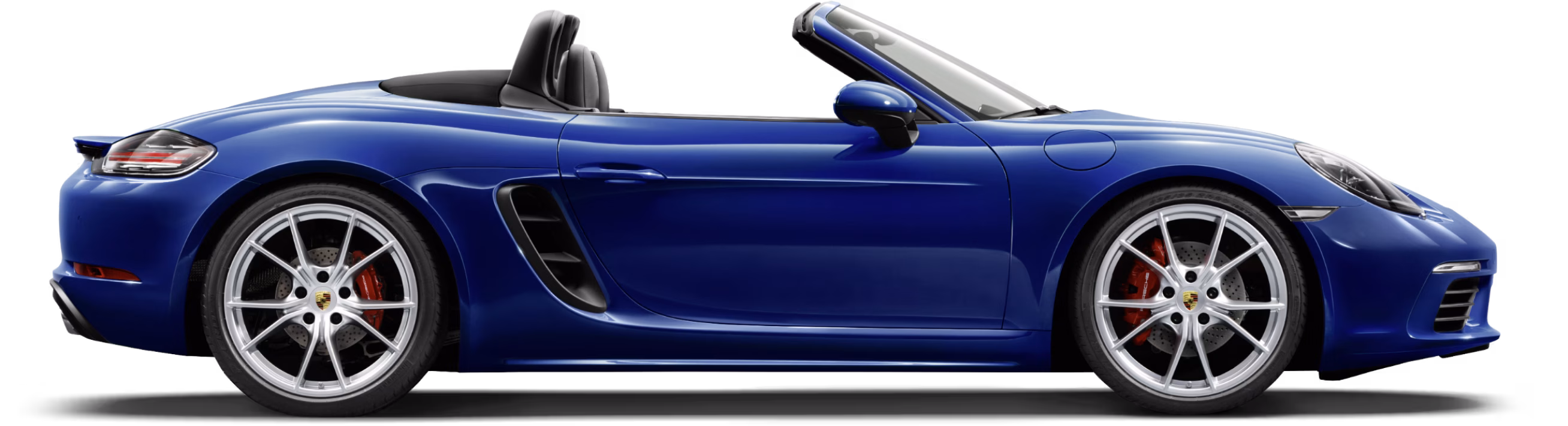 Porsche 718 Boxster S in Gentian Blue Metallic in side view/in profile.
