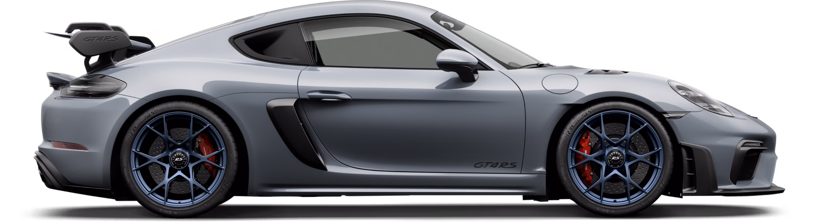 Porsche 718 Cayman GT4 RS in Arctic Grey in side view/in profile.