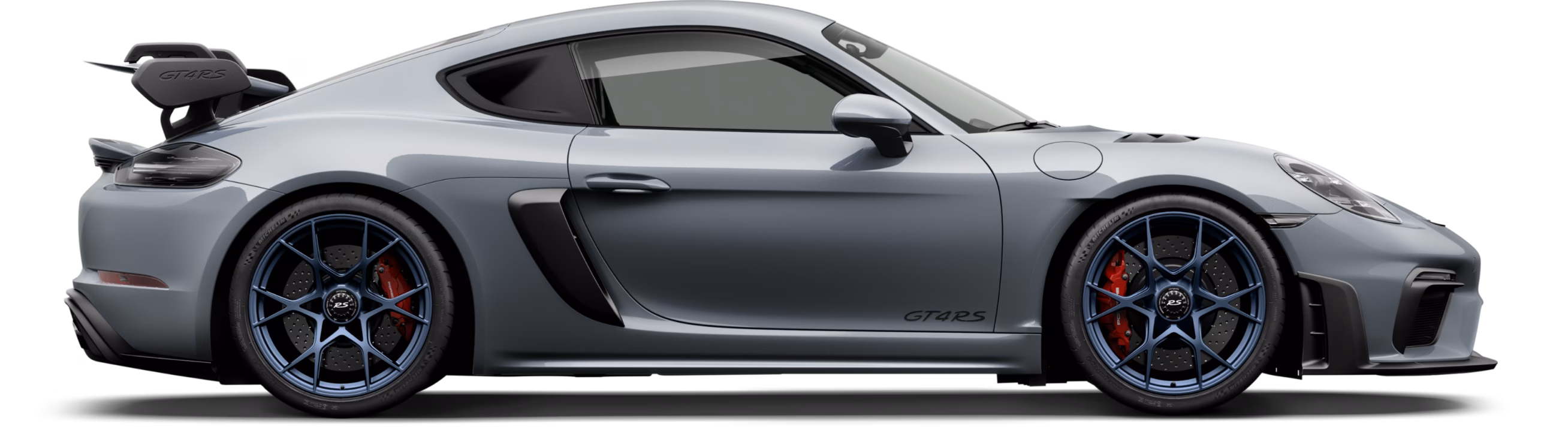 Porsche 718 Cayman GT4 RS in Arctic Grey in side view/in profile.