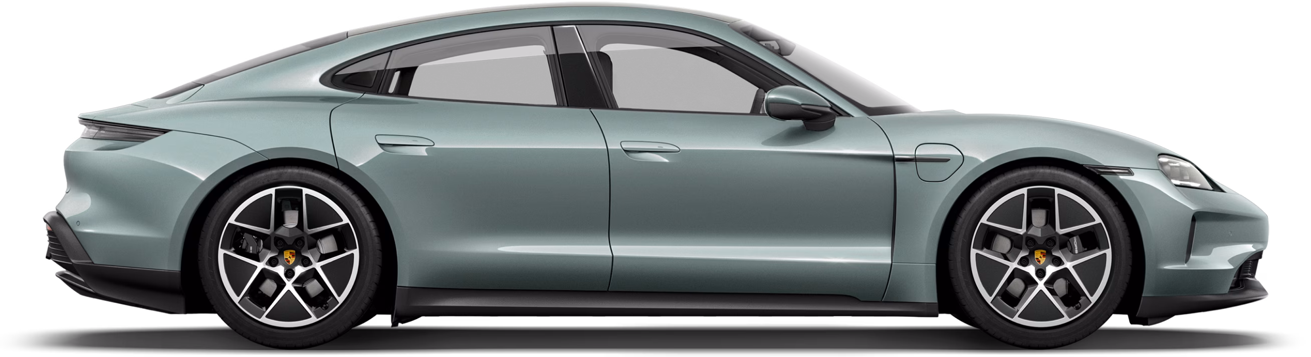 Porsche Taycan in Shadegreenmetallic in profile / side view.