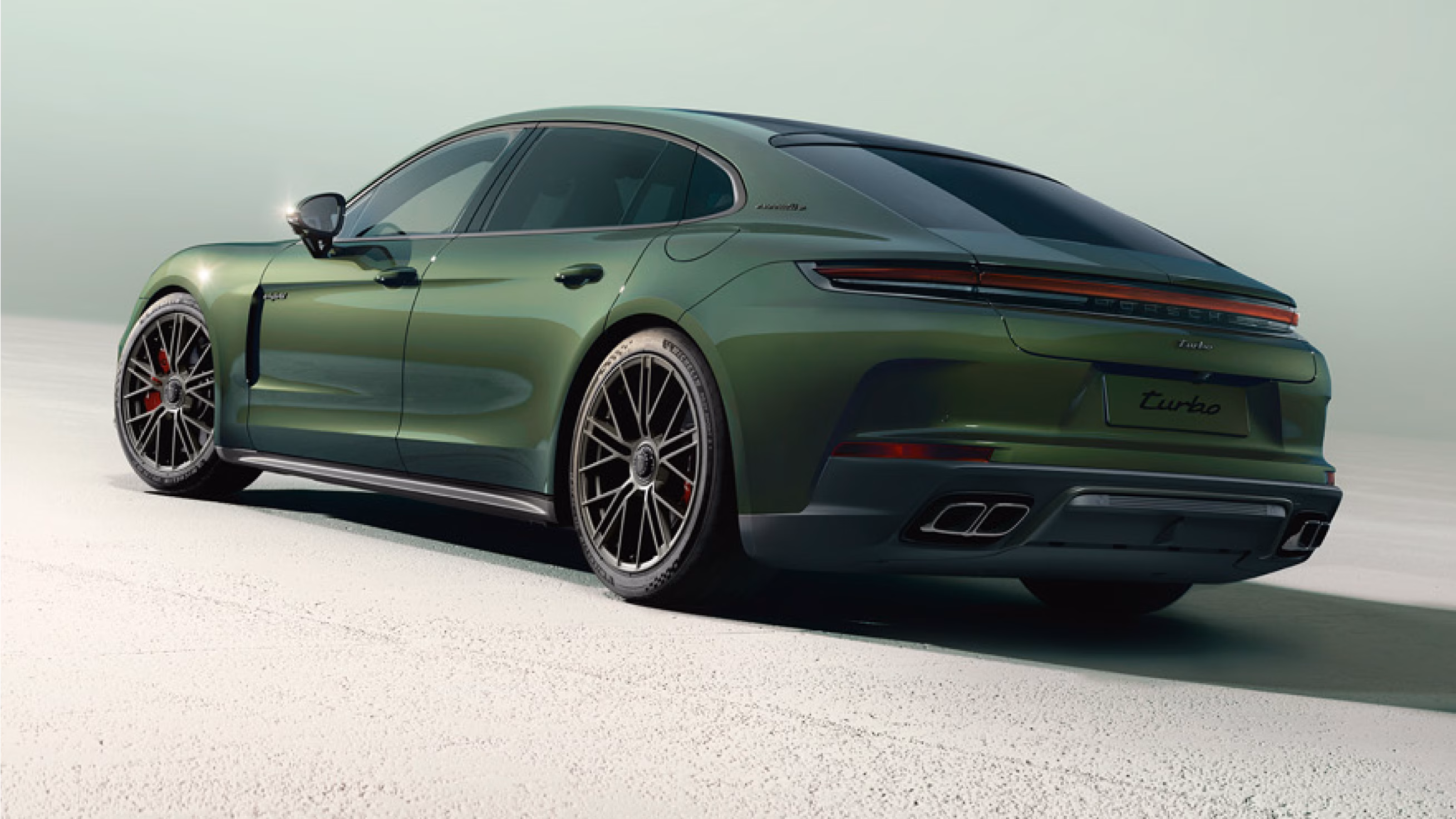 橡树绿金属漆保时捷 Panamera Turbo E-Hybrid 行政加长版侧后视图