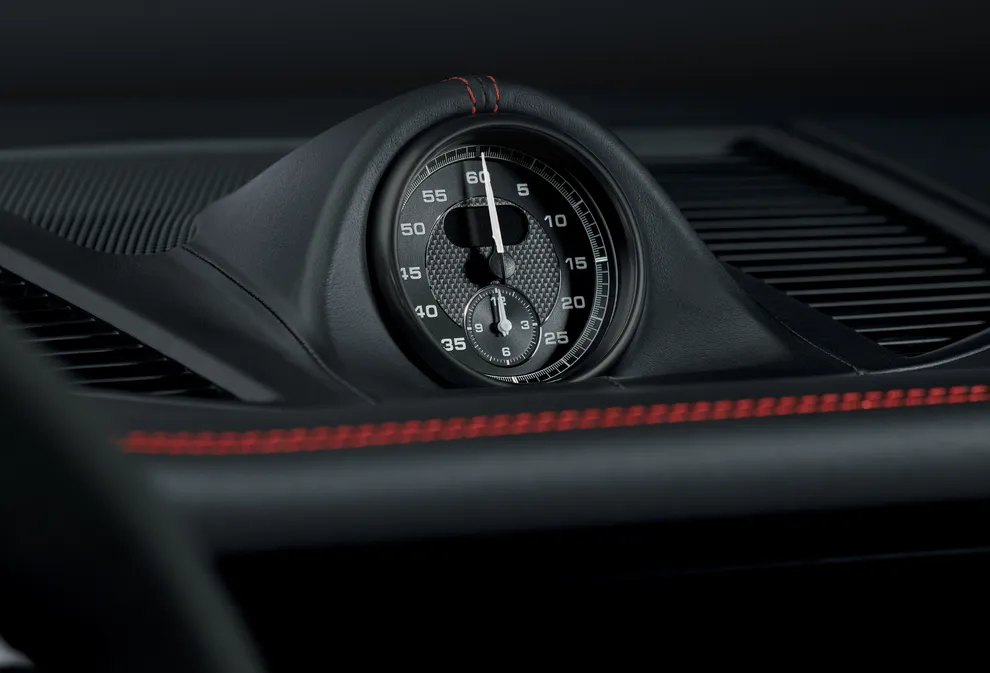 保时捷 Macan GTS 的内饰：配备 Sport Chrono 组件的仪表板上计时器的细节图