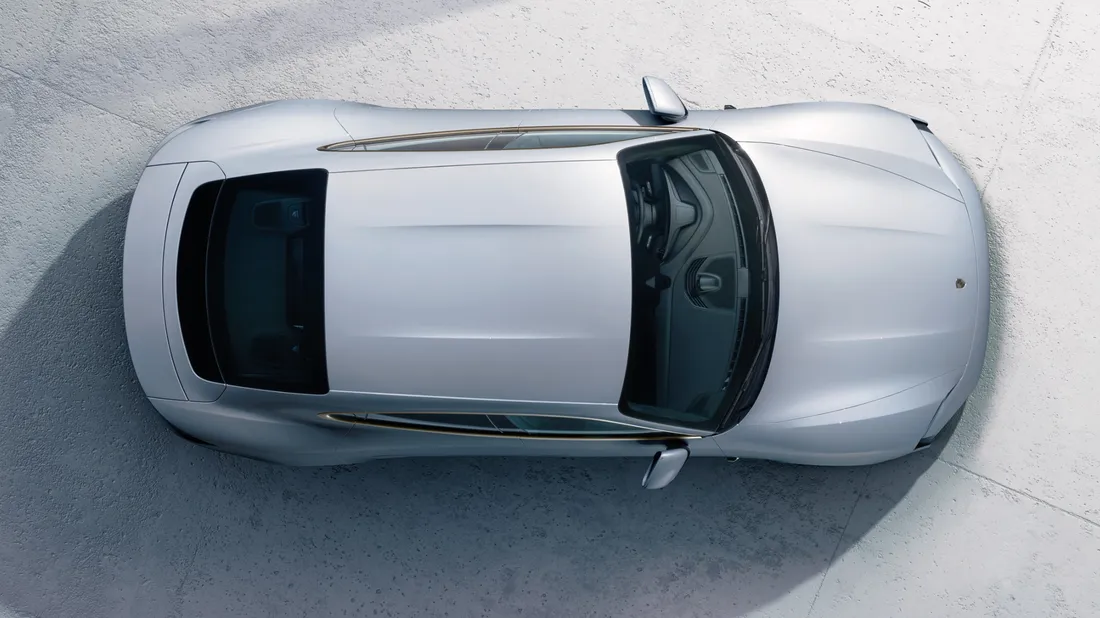 View from above / bird's eye view of Porsche Taycan Turbo S in Ice Grey Metallic.