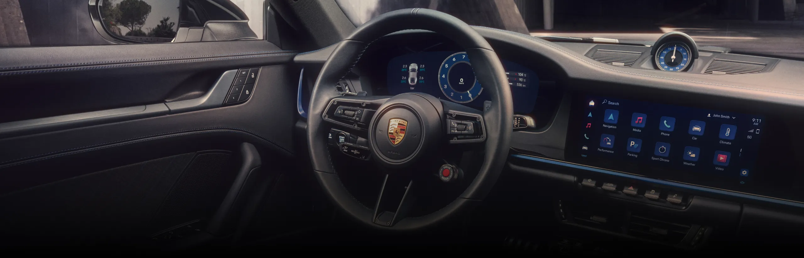 Detailed view of the sticker with gearshift diagram on the rear side window of the Porsche 911 Carrera T.