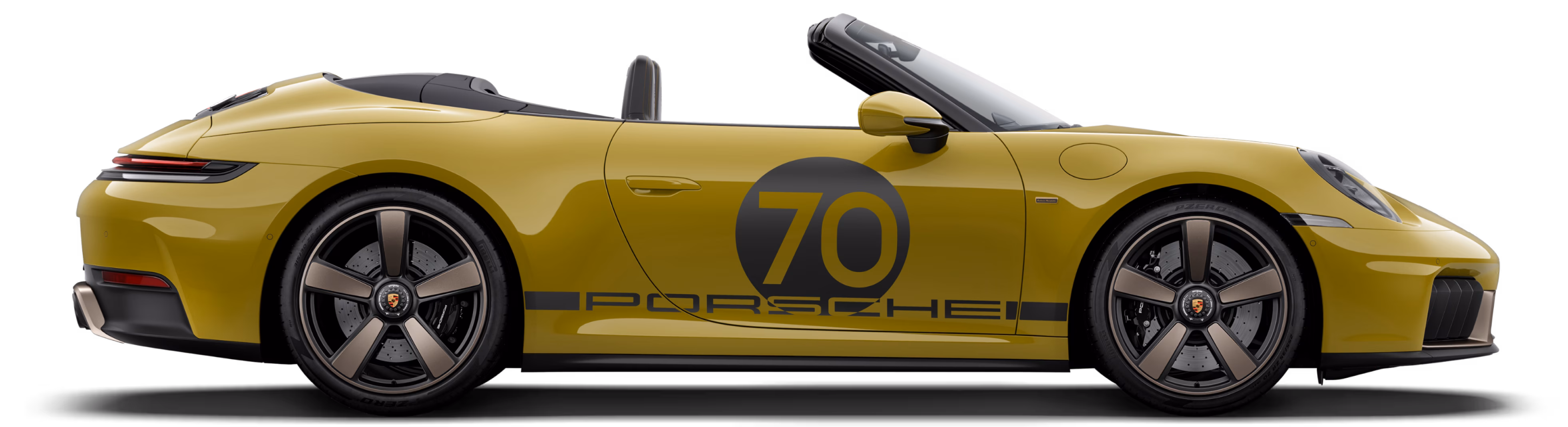 Side view/profile of the Porsche 911 Spirit 70 in an Olive Neo paint finish.