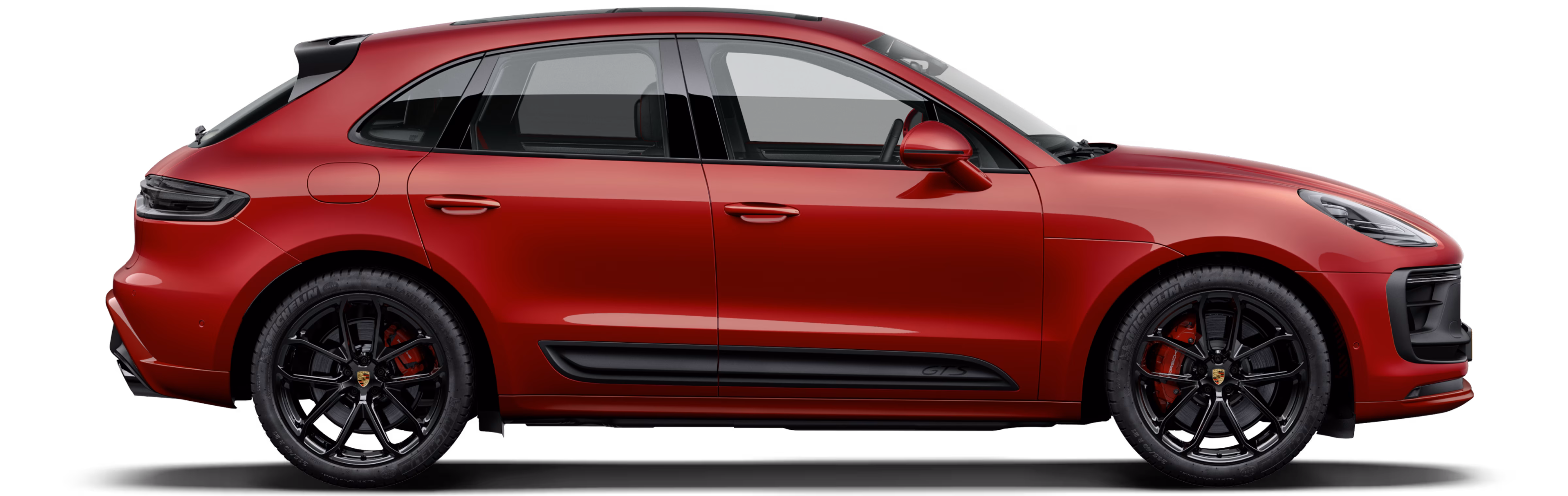 Porsche Macan GTS in Carmine Red in side view/profile.