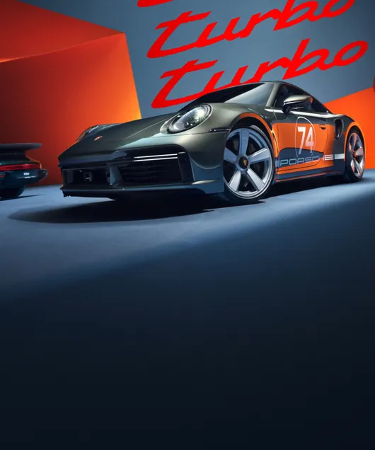 Two Porsche 911 Turbo 50 Years with and without Heritage Design package are shown side by side. 