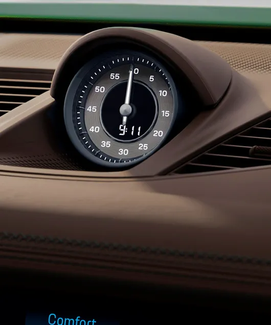 Porsche Panamera Turbo E-Hybrid Executive interior: detailed view of the digital and analogue stopwatch on the dashboard in the Sport Chrono package.