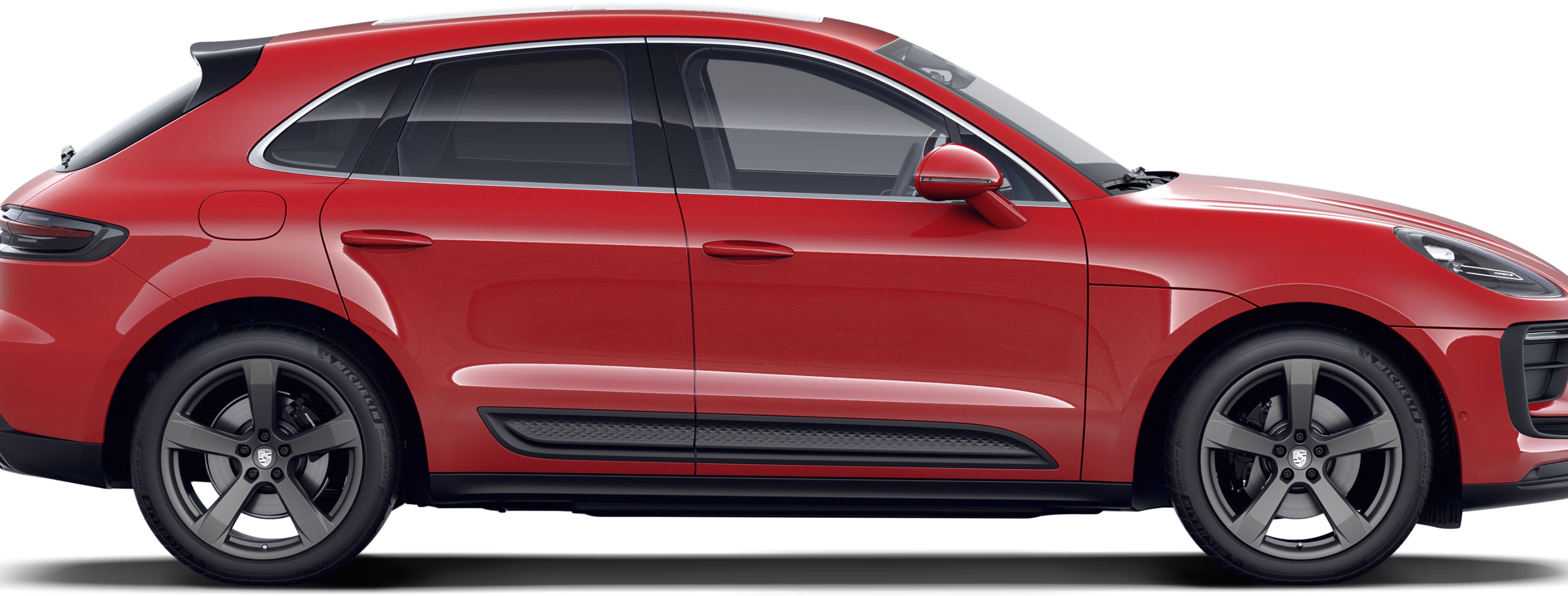 胭脂红保时捷 Macan Passion 的侧影/侧视图